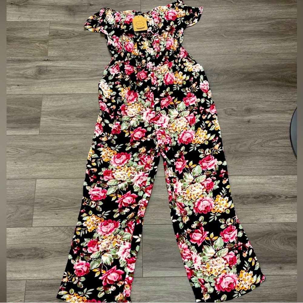 Kori Black Floral Off-Shoulder Wide-Leg Jumpsuit with Pink & Yellow Blooms